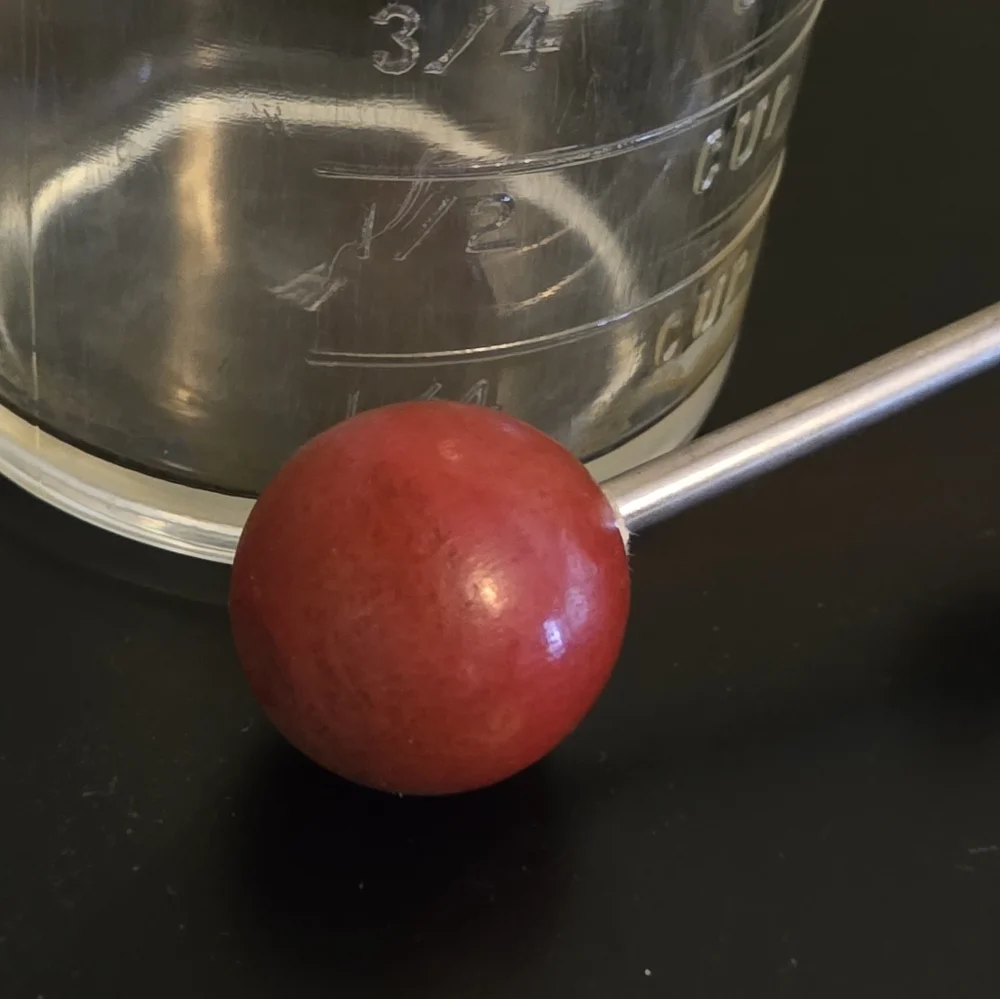 Vintage Hazel Atlas Glass Measuring Cup Nut Chopper Red Ball Handle + Wood Disk